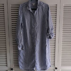 J. Jill Linen Blues Striped Duster Long Shirt Dress Tab Sleeves Large Tall